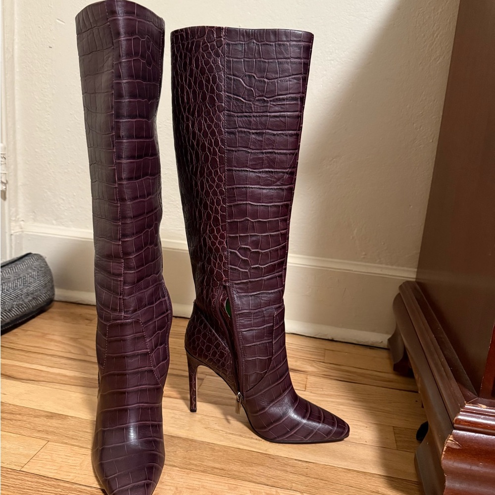 Vince Camuto Dark Purple Croc-Embossed Heeled Boots